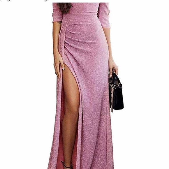 Off Shoulder Metallic Knit High Slit Evening Dress - Picture 2 of 8